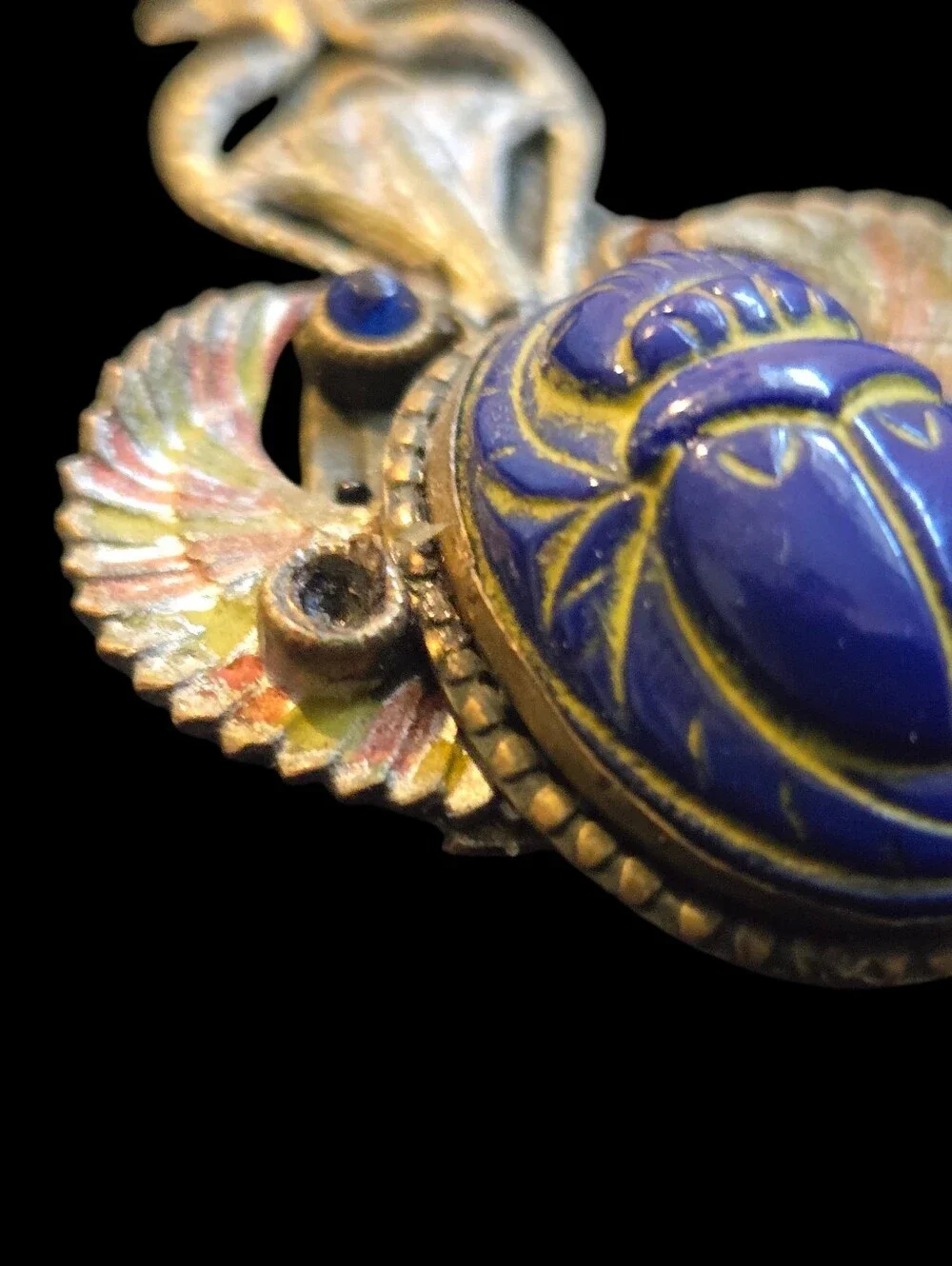 Egyptian Revival DECO Vtg NEIGER BROS Czech Blue GLASS Scarab PENDANT NECKLACE